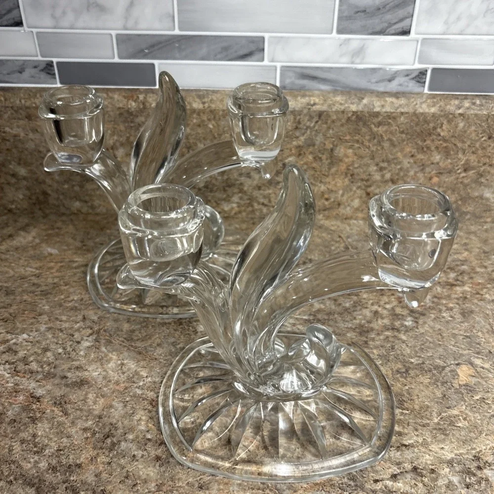 VTG PAIR (2) of FOSTORIA CRYSTAL CLEAR ‎ BAROQUE  DOUBLE CANDELABRAS